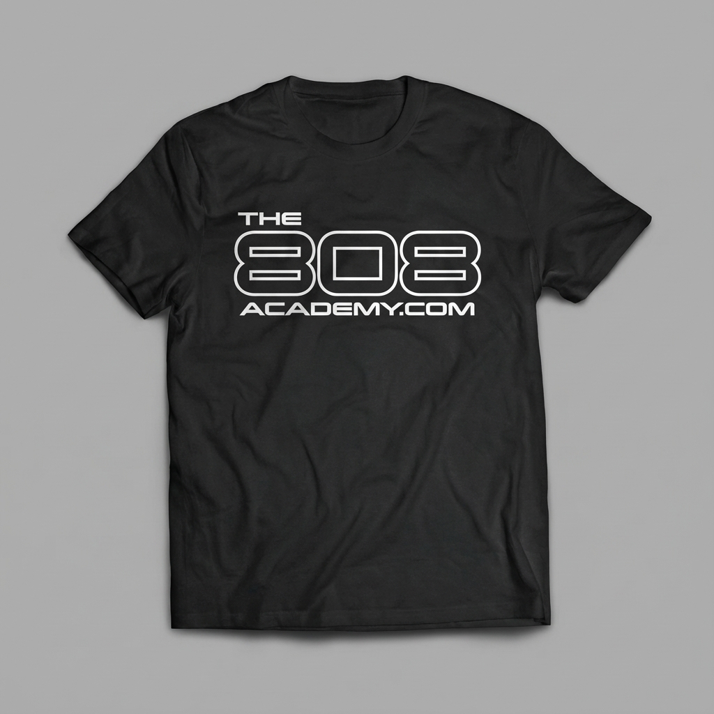 Black 808 logo t-shirt flat lay
