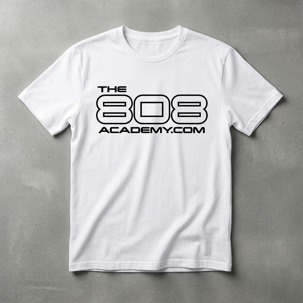 White 808 logo t-shirt flat lay